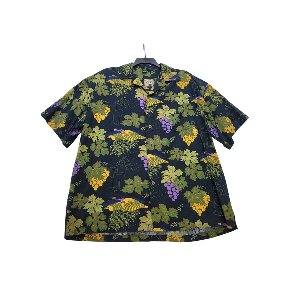 David Smith Mens XXL Vineyard Grape Wine Print Cotton Rayon Camp Shirt Navy